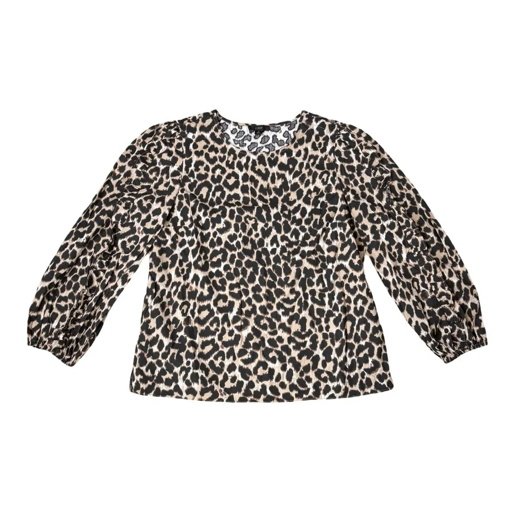 J. Crew Women's Leopard Print Long Ruffle Puff Sleeves Blouse Relaxed Fit NWT - Picture 2 of 9